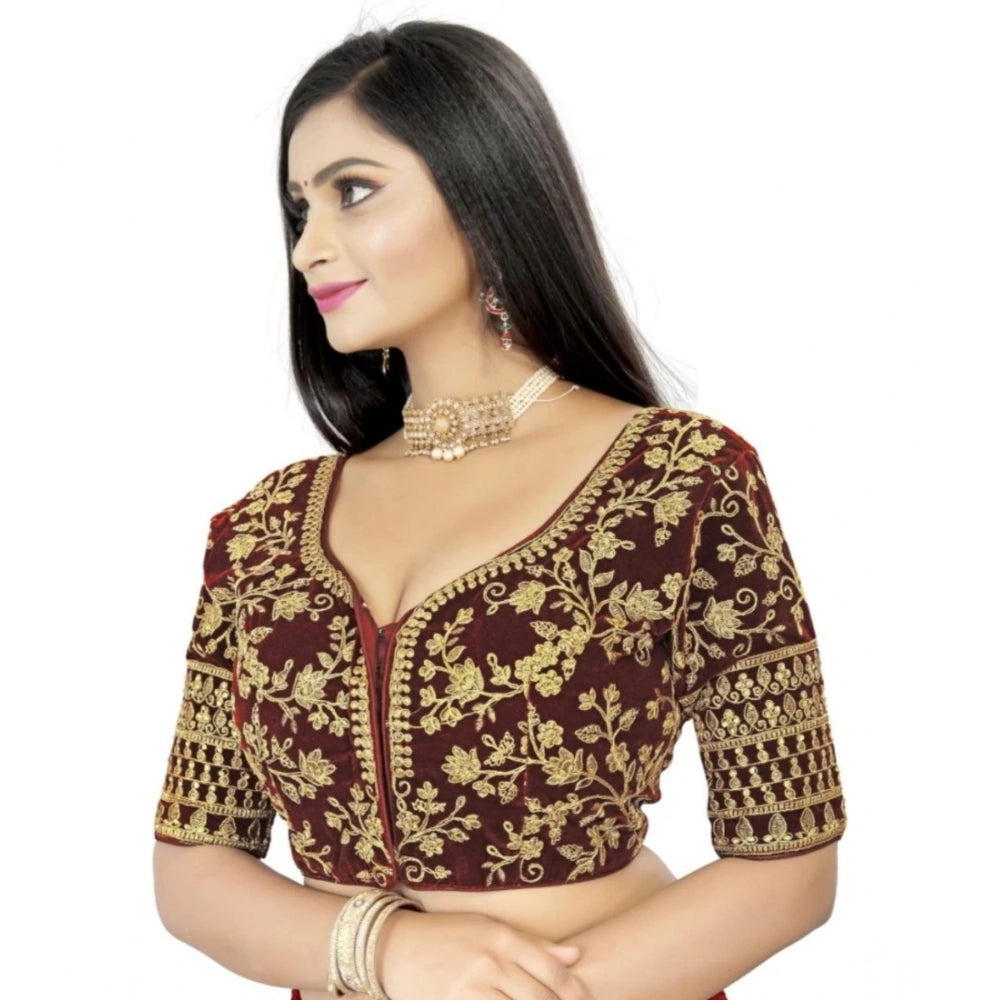 Brown velvet embroidered blouse (free size), half-sleeve sweetheart neck with intricate design
