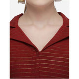 Maroon striped cotton readymade blouse, free size, 3-4th sleeve with shirt collar