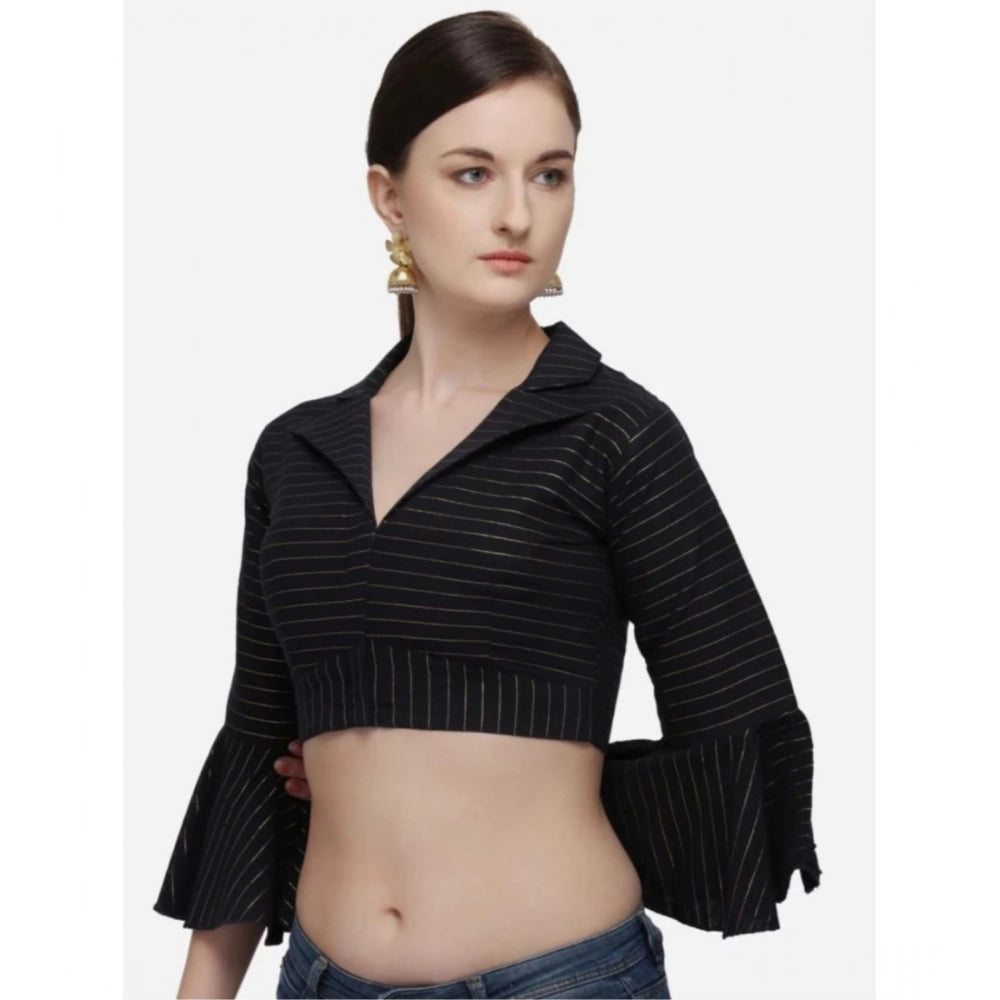 Black cotton striped readymade blouse for women with 3/4 sleeves and shirt collar, free size