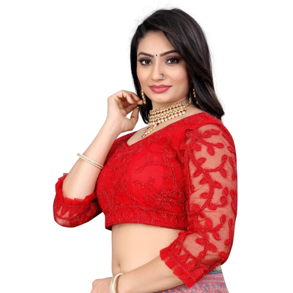 Red nylon net embroidered blouse, free size women's ready-made apparel with v-neck and 3/4 sleeves