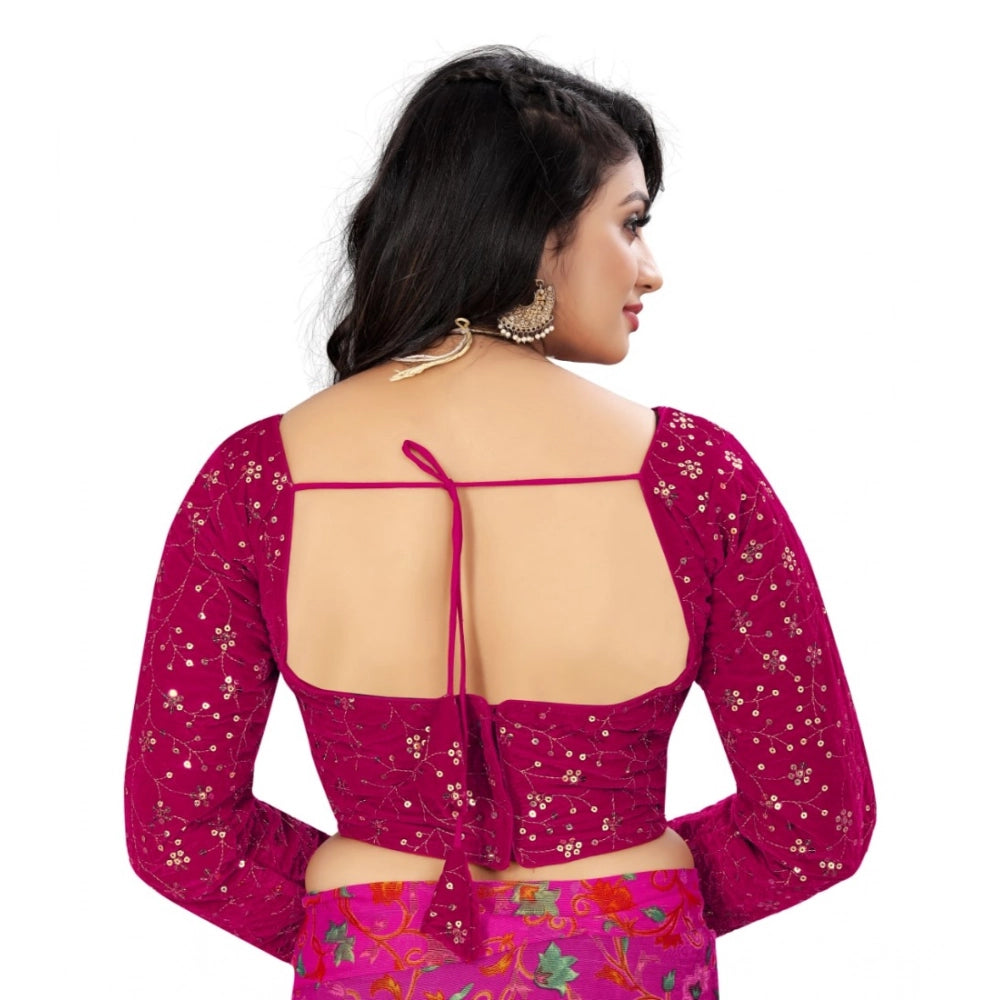 Pink velvet embroidered blouse (free size), ready-to-wear full sleeve round neck with intricate design
