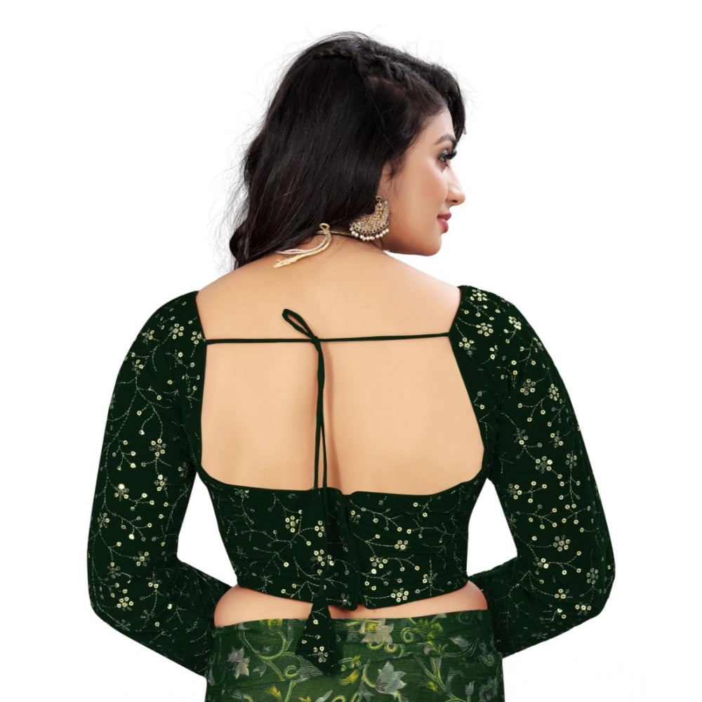 Green velvet embroidered blouse with full sleeves and round neck, ready-made for free size women