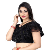 Black nylon diamond work sleeveless blouse, V-neck style for women's casual wear