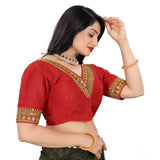 Red Banglory embroidery blouse (half sleeve, v-neck), free size ready-made women's clothing