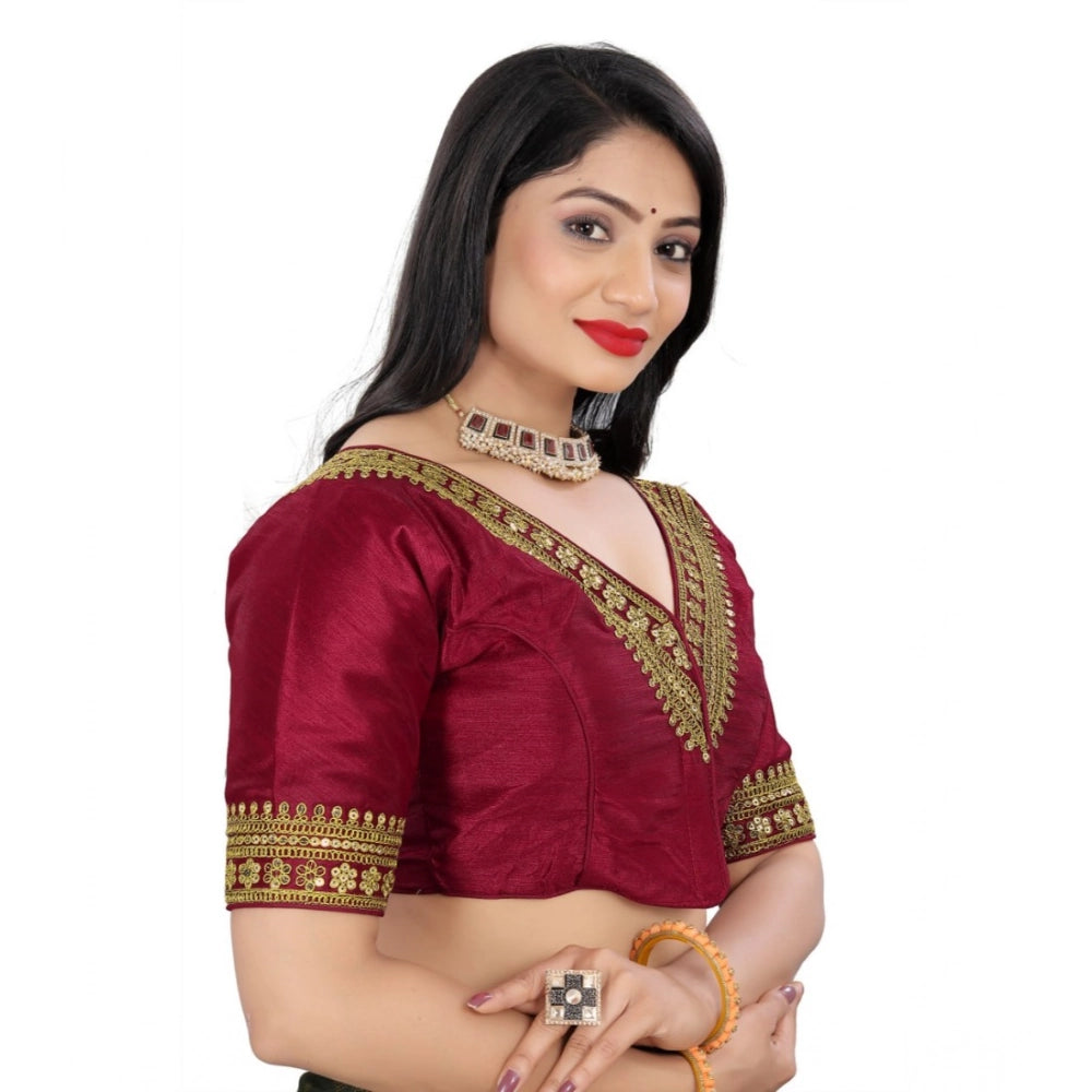 Maroon Banglory embroidered blouse, half sleeve V-neck design for free size women