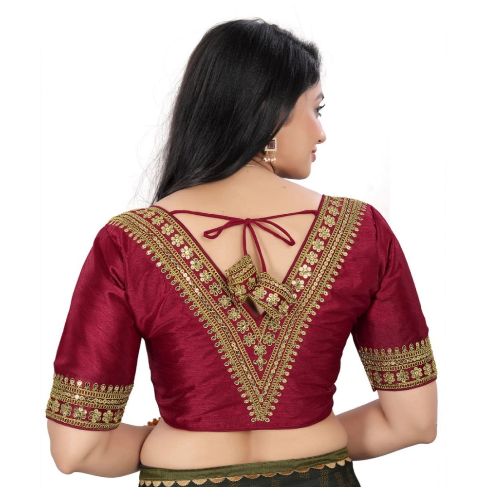 Maroon Banglory embroidered blouse, free size, half sleeve V-neck style for women