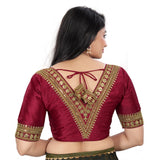 Maroon Banglory embroidered blouse, free size, half sleeve V-neck style for women