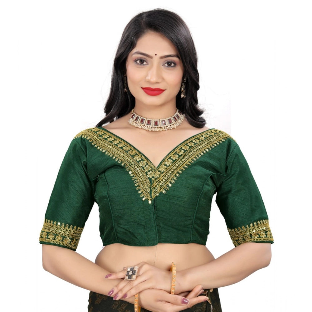 Green Banglory embroidered blouse (half sleeve, v-neck design), ready-made blouse for women on display stand