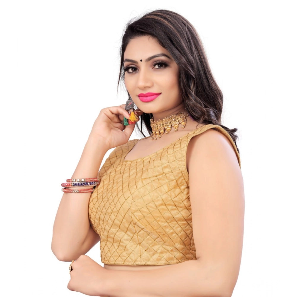 Beige satin sleeveless blouse with embroidery pattern for women, free size fit