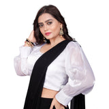 White organza long-sleeved v-neck blouse, free size women's readymade organza blouse on hanger