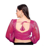 Organza pink blouse, free size, long sleeve, v-neck, plain design for women's fashion