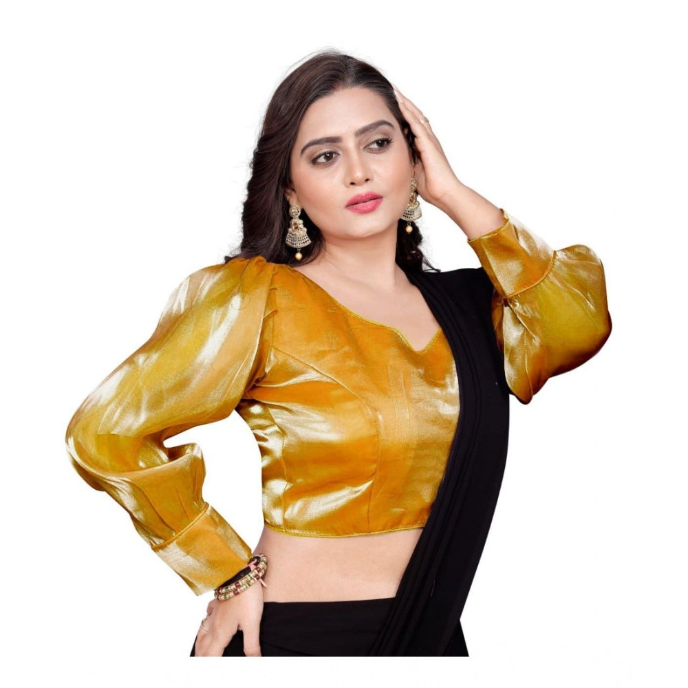 Mustard organza long sleeve v-neck blouse for women (free size) - plain pattern on display
