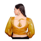 Organza mustard free size long-sleeve v-neck blouse for women, plain design on display