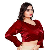Maroon organza readymade blouse for women, long sleeve v-neck with free size