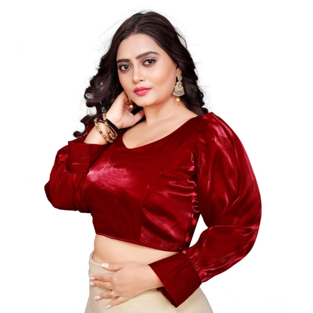 Maroon organza women's long-sleeve blouse with v-neck, free size, plain pattern