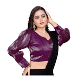 Magenta organza long-sleeve blouse (free size), plain design for women's formal wear