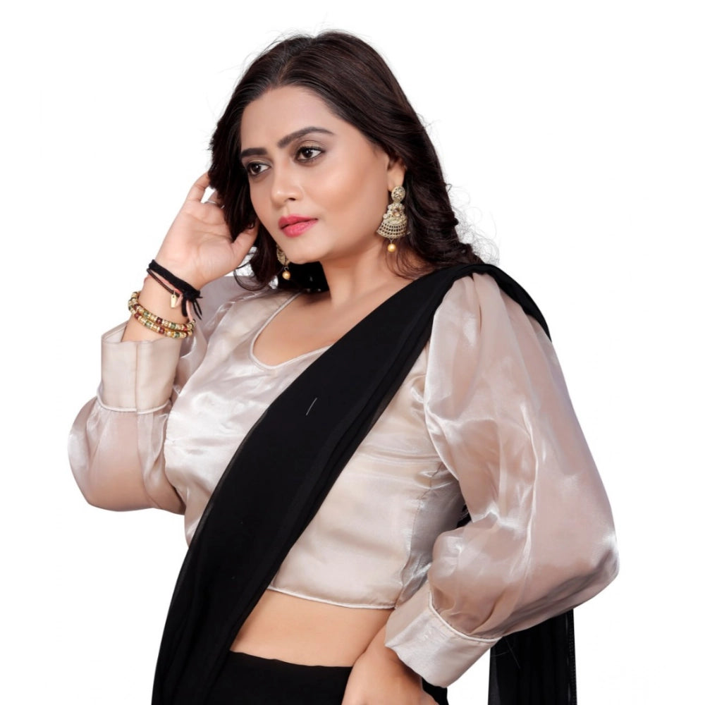 Black organza long-sleeve v-neck blouse, free size ready-made for women