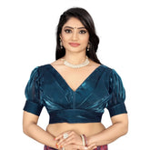 Teal organza free size blouse, half sleeve V-neck stitched organza blouse for women