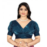Teal organza women's blouse (half sleeve, v-neck, plain pattern), free size