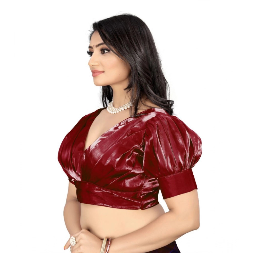 Maroon organza readymade blouse (half sleeve, v-neck), women's plain organza blouse on hanger