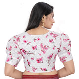 Pink cotton blend floral readymade blouse, short sleeve v-neck for women