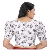 Black cotton blend floral readymade blouse with short sleeves and v-neck, free size