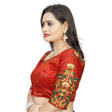 Red Malai Silk women's blouse with half sleeve and round neck, featuring floral pattern