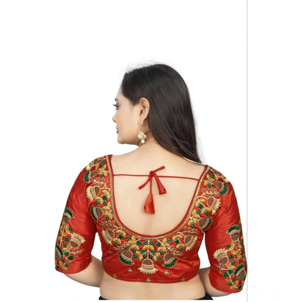 Red Malai Silk half sleeve round neck floral blouse for women, free size