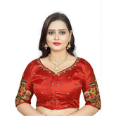 Red Malai Silk floral blouse, half sleeve, round neck, free size