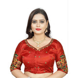 Red Malai Silk floral blouse, half sleeve, round neck, free size
