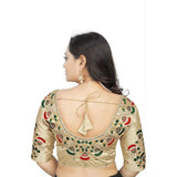 Cream Malai Silk floral readymade blouse for women, half sleeve with round neck, featuring intricate floral patterns