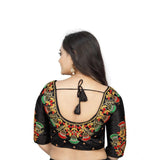Black Malai Silk floral blouse, half sleeve, round neck design for women's free size