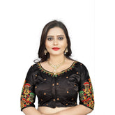 Black Malai Silk floral blouse (half sleeve, round neck), ready-made women's fashion