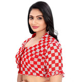 Red cotton blend checks readymade blouse for women, short sleeves with square neckline on display