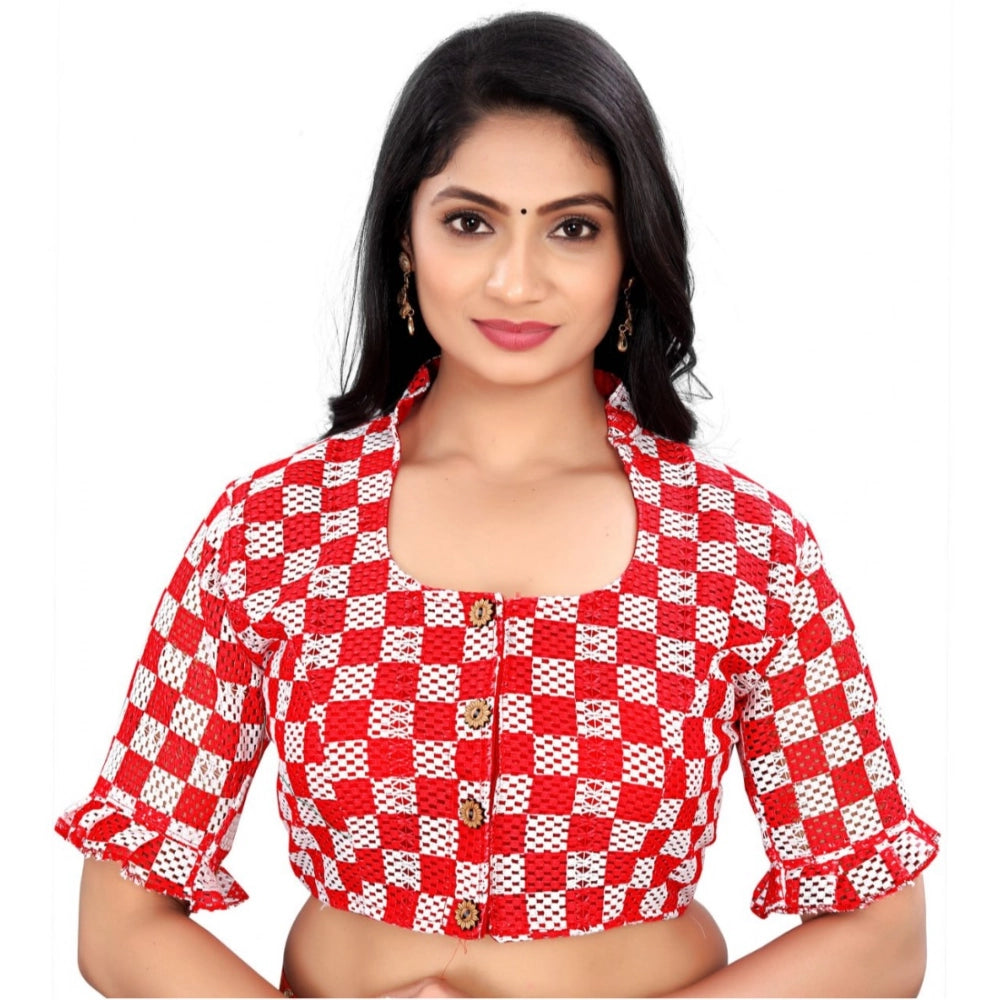 Red cotton blend checks readymade blouse for women, short sleeves with square neckline