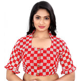 Red cotton blend checks readymade blouse for women, short sleeves with square neckline