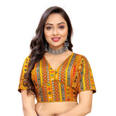 Cotton blend mustard blouse, short sleeve V-neck, free size ready-made blouse for women