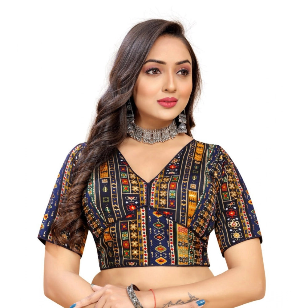 Navy Blue Cotton Blend Readymade Short Sleeve V-Neck Blouse for women (Free Size)