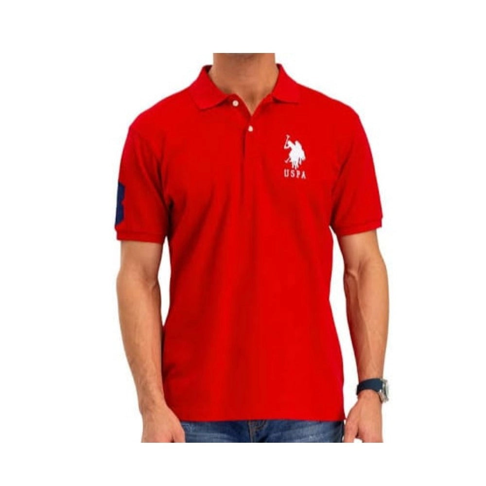 Red cotton men's half sleeve solid polo neck t-shirt on hanger, regular fit style