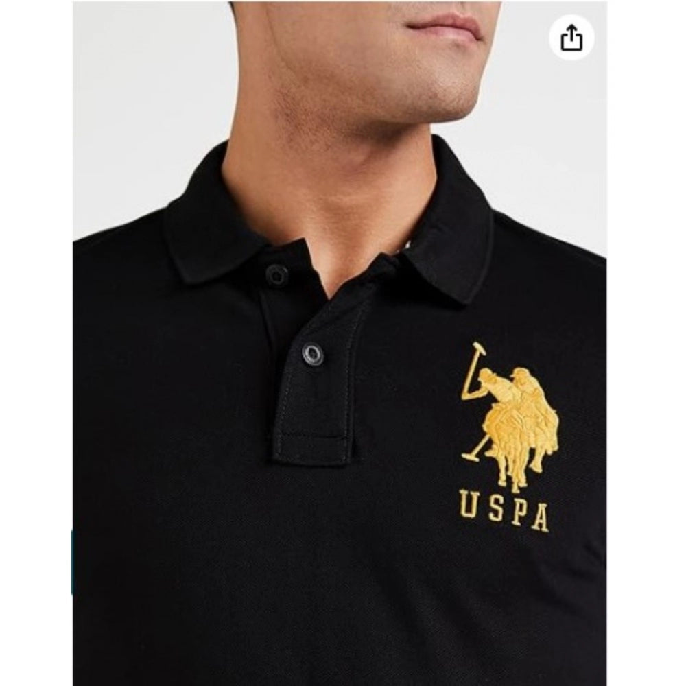 Black cotton half sleeve polo neck t-shirt for men, solid design