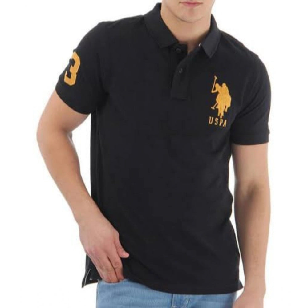 Black cotton men's casual half sleeve polo neck T-shirt, solid design on model