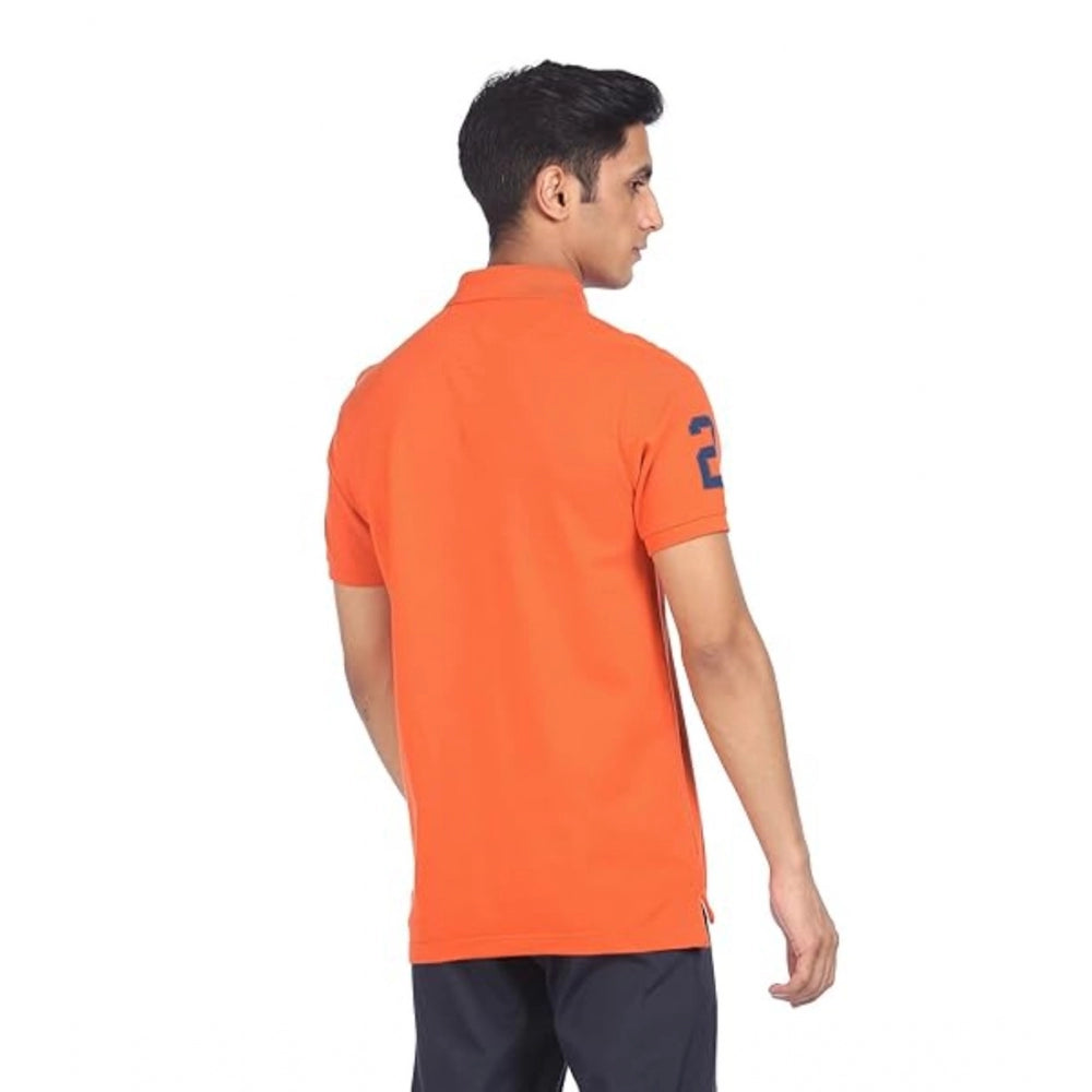 Orange cotton men's casual half sleeve solid polo neck t-shirt - regular fit on mannequin