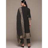 Black crepe kurti pant and dupatta set with ethnic motifs, 3-4th sleeve length and band collar