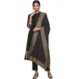 Black crepe ethnic motifs kurti pant set with dupatta, 3-4th sleeve length, band collar, knee length