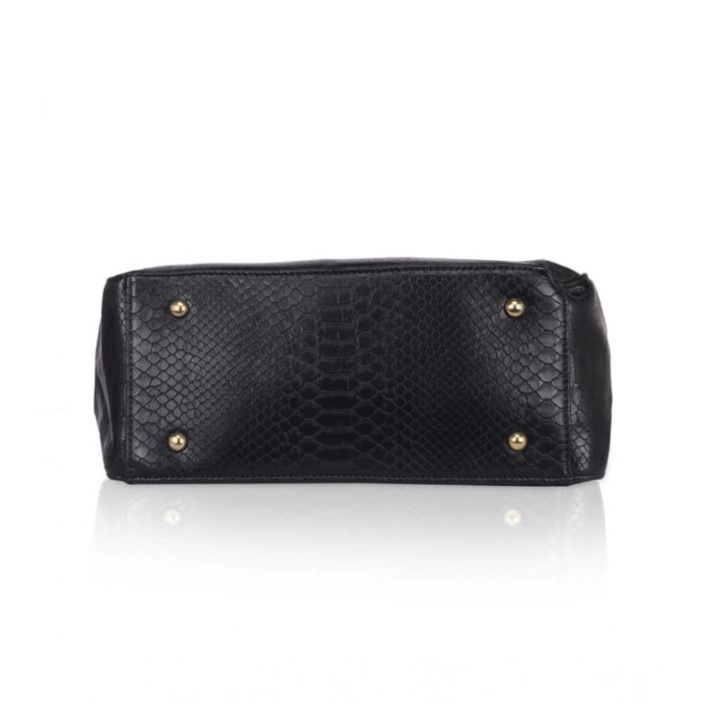 Black faux leather textured tote bag with zipper closure and dual handles