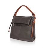 Green faux leather sling bag with zipper closure and dual handle