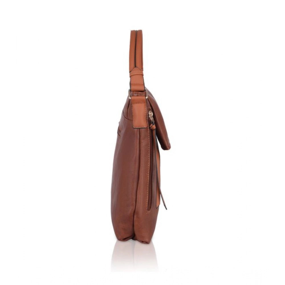 Brown faux leather solid sling bag with dual handle, perfect for everyday use