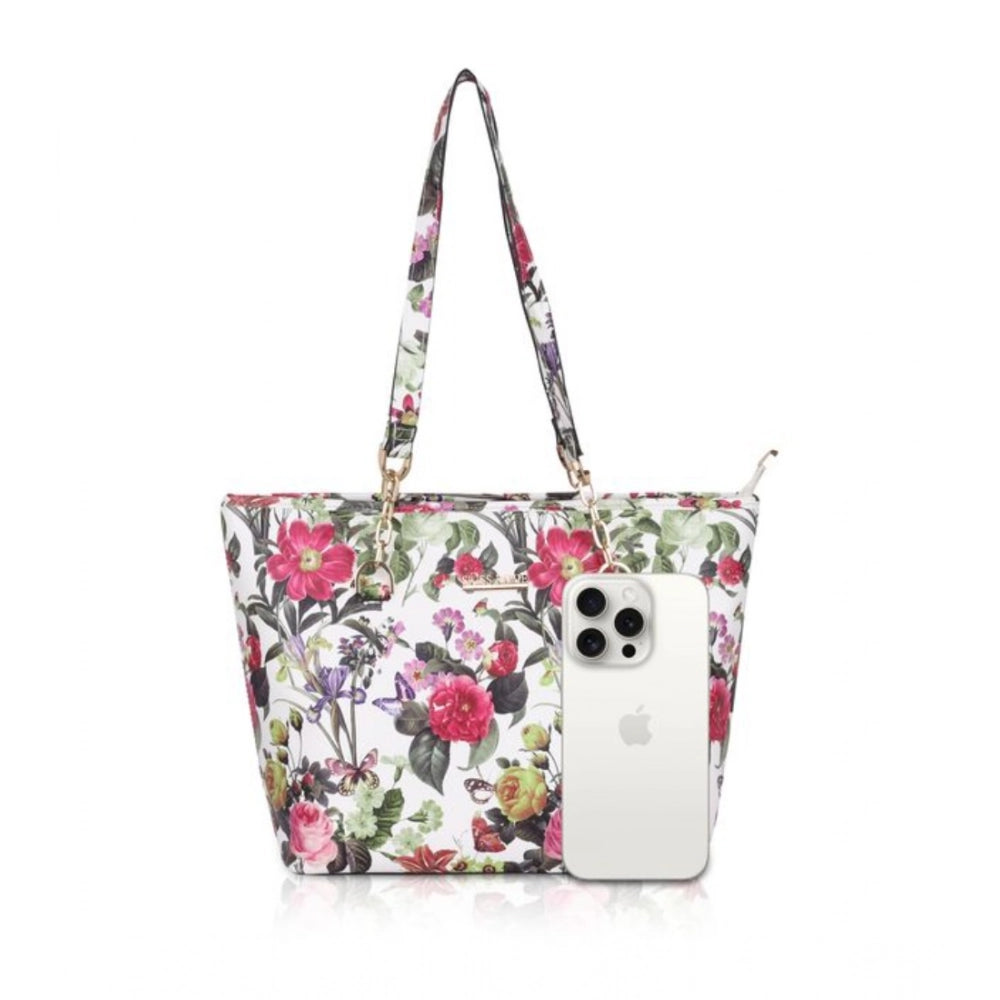 White pink faux leather printed tote bag with zipper closure and dual handle, synthetic inner material