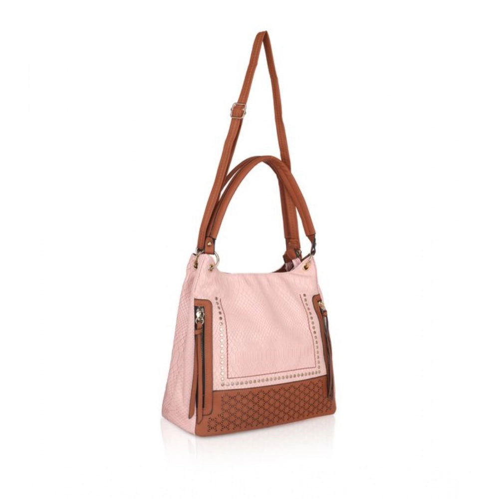 Pink faux leather printed tote bag with zipper closure and dual handle