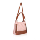 Pink faux leather printed tote bag with zipper closure and dual handle